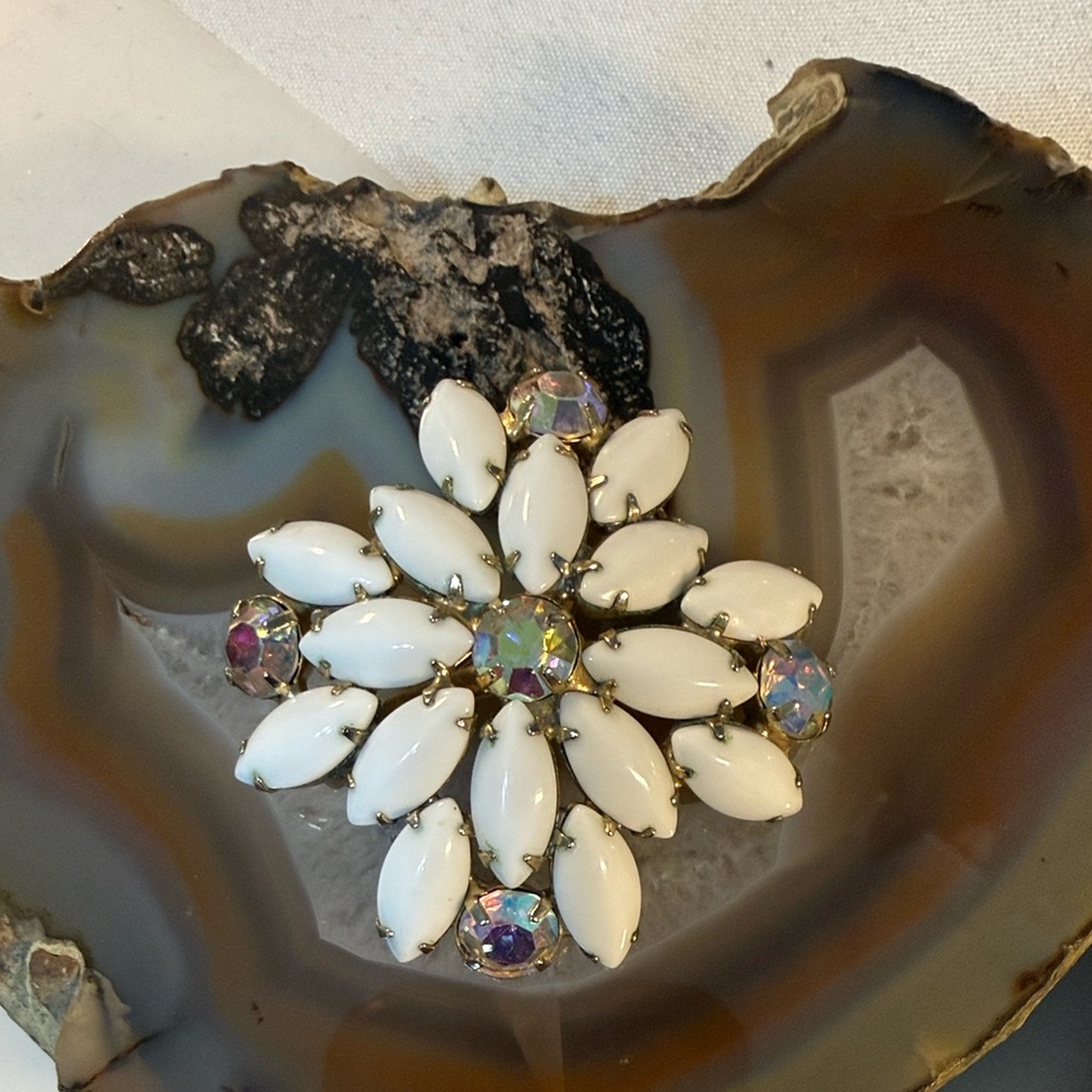 Vintage Milk glass White & AB Iridescent Brooch GUC 2” - Picture 11 of 11